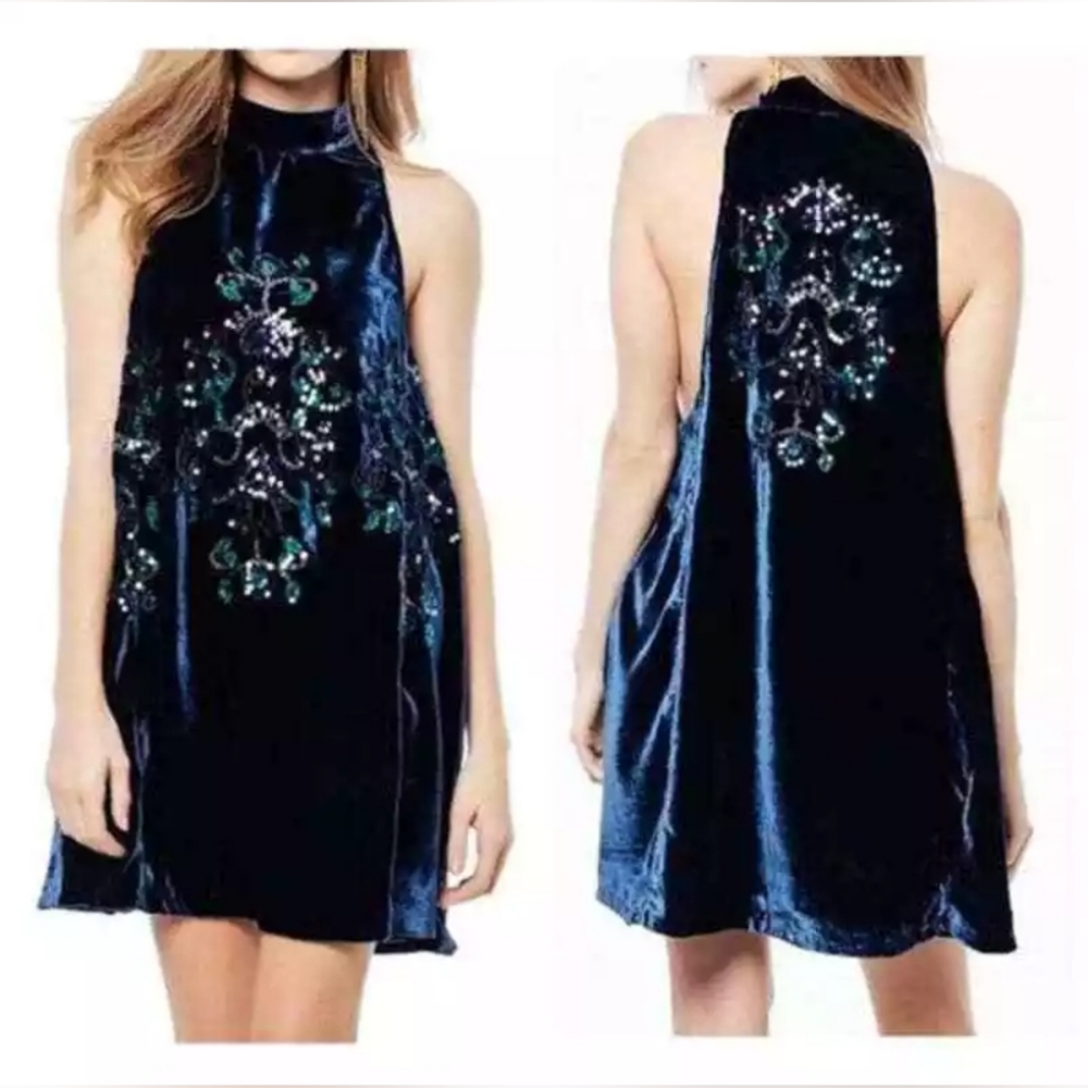 Free People Blue Velvet Jill Swing Dress, Size Small NWT - Picture 1 of 8